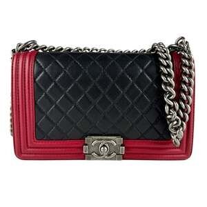 CHANEL Boy Chanel Shoulder Bag, Leather, Red and Black, Women's, z8671